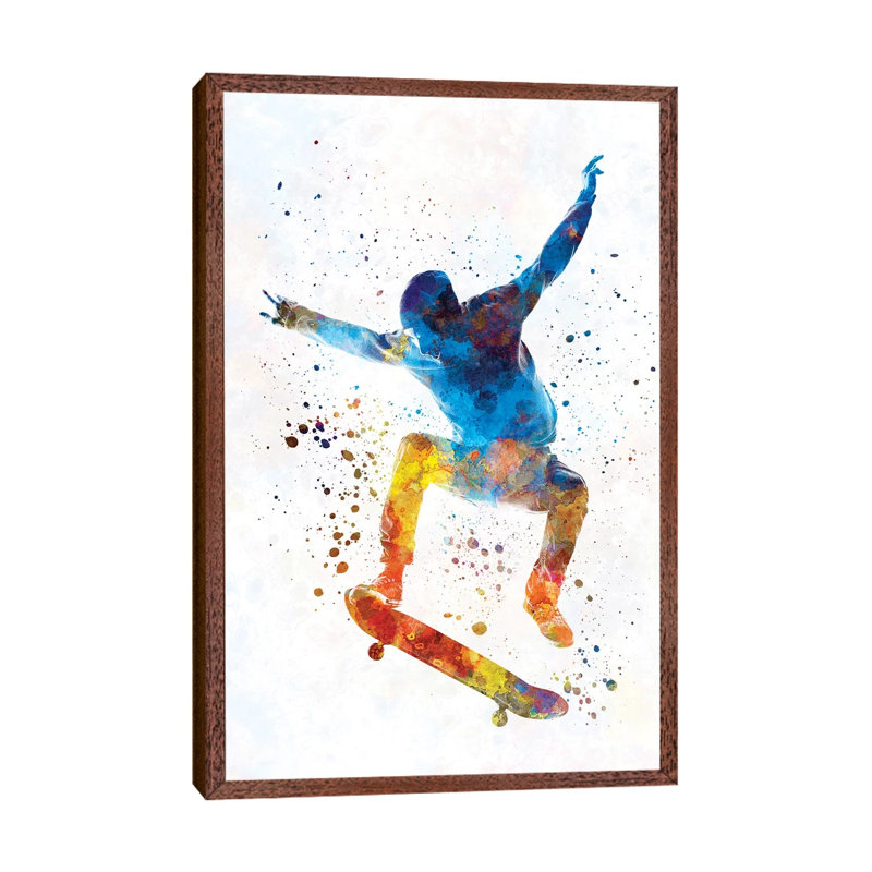 Skateboarder I by Paul Rommer - Painting on Canvas, 66.04 cm H x 45.72 cm W, Classic Brown Wood Framed