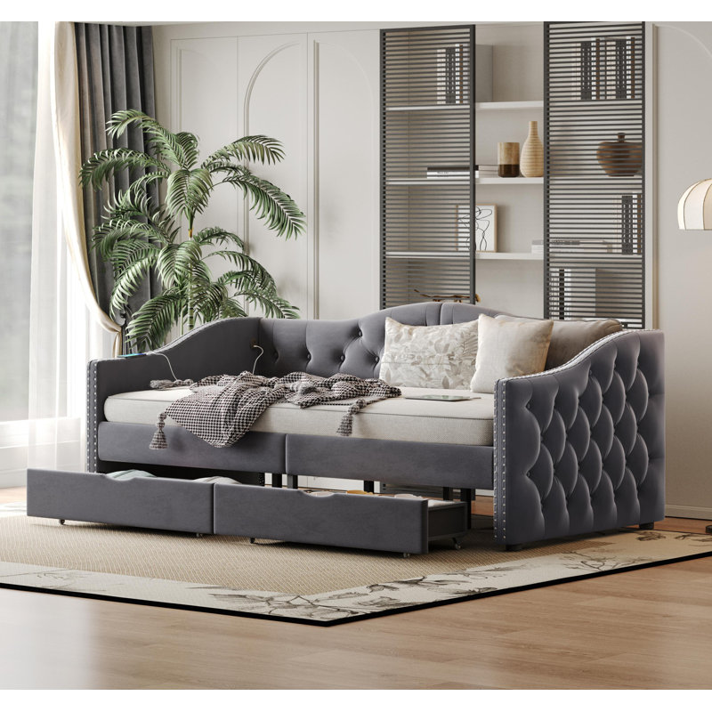 Lit de jour rembourré avec tiroirs de rangement, lit de jour simple en bois, sans sommier tapissier, gris, Gris