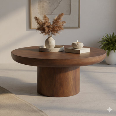 Table de cocktail ronde de 35,98 pouces avec pieds cylindriques, plateau de table en placage de bois, table d'appoint de canapé arrondie pour le salon ou le bureau, finition brune