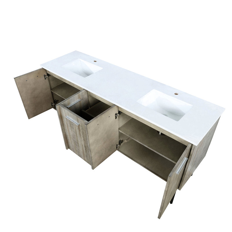 72 po W Double meuble-lavabo rustique avec comptoir en marbre - Bois massif, fermeture en douceur, égratignure et teinture, deux armoires de rangement, une tablette ouverte à tiroir, pré-percé pour robinet à un trou