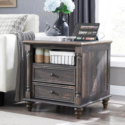 Rushville Farmhouse 2 - Drawers Nightstand with Charging Station, Tall Rustic Wood Square End Table with Open Shelf