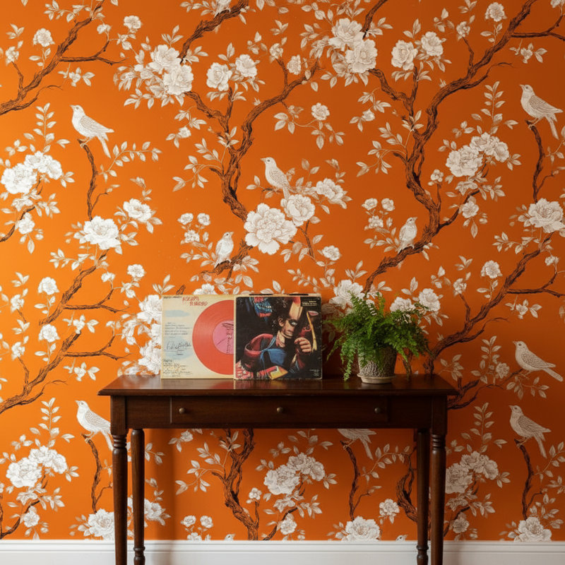 Papier peint floral, oiseaux, décoration murale orange