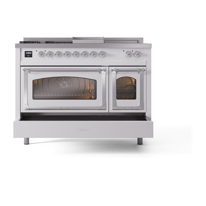 ILVE Nostalgie II Noblesse 48 inch Dual Fuel Range (5 Sealed Burners + Griddle + French Top, Triple Glass Door), White