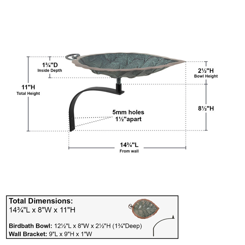 Aspen Leaf Birdbath with Wall Mount Bracket
