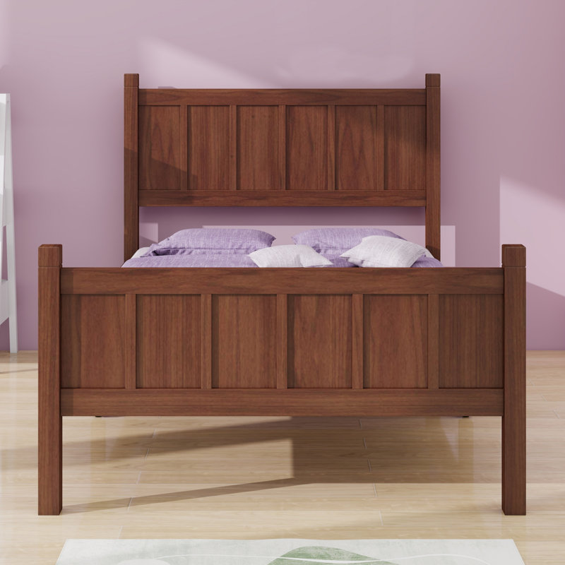 Lit plateforme de style campagnard avec tête et pied de lit à panneau plat, grain de bois, Lit simple, Noyer foncé