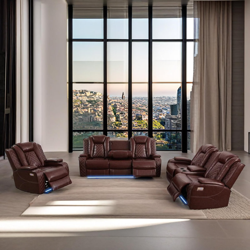 Ensemble de canapé inclinable électrique en cuir 3 pièces avec lumières DEL, console de rangement et chargement USB Serene