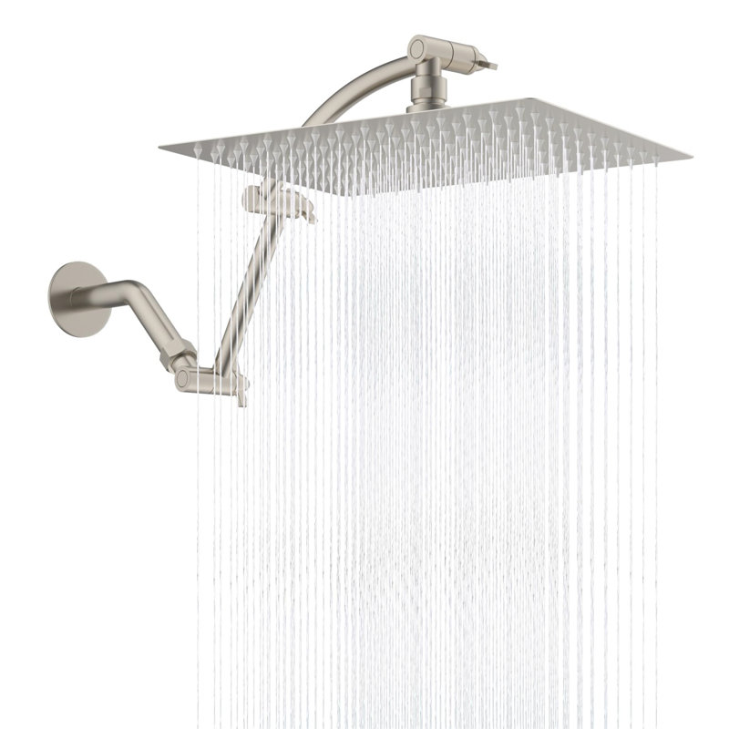 All-Metal Rainfall Shower Head – 12-Inch High-Pressure Square Shower Head With 16-Inch Adjustable Solid Brass Extension Arm, Waterfall Fixed Mount Shower System