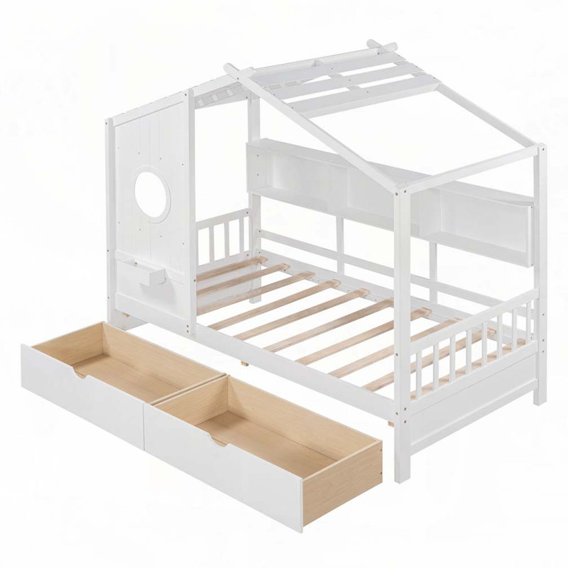 Lit en bois avec 2 tiroirs, tablette, Lit simple