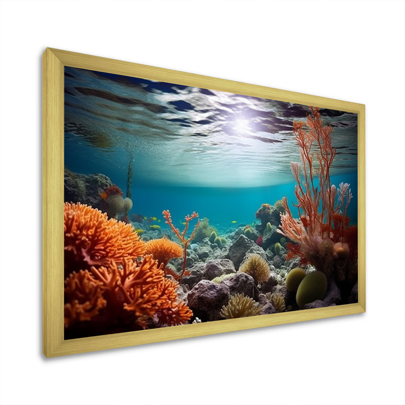 Lumière profonde sur les trésors cachés de corail - salon d'art mural plage et océan, Cadre doré simple