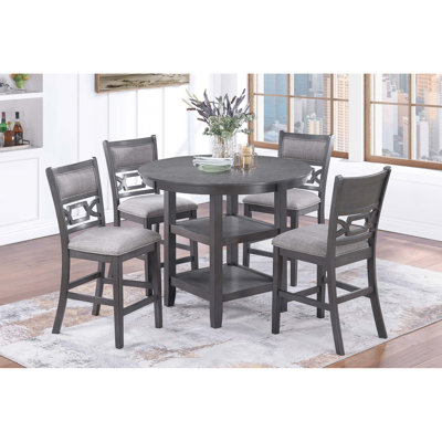 Table ronde grise et 4 chaises hautes, salle à manger moderne, sièges rembourrés, dossier à double panneau, tablettes de rangement à hauteur de comptoir de style contemporain, pour
