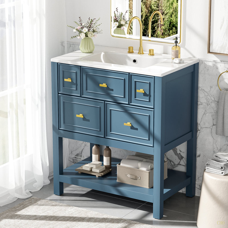 Ensemble de meuble-lavabo simple 30 po avec 5 tiroirs, ensemble de meuble-lavabo autoportant avec cadre en bois massif 30 po