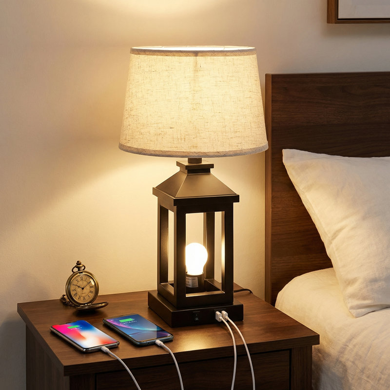 Lampe de table lanterne noire 20,5 "avec ports USB et gradateur tactile