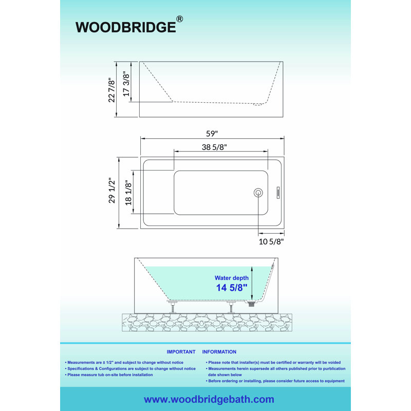 59" x 29" Freestanding Soaking Acrylic Rectangular Bathtub with Reversible Drain, White/Brushed Nickel