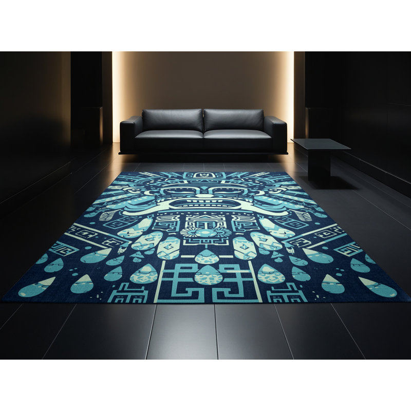 Machine Washable Elida Tlaloc Global Inspired Block Print Rug in Blue – Navy Binding, 2x3
