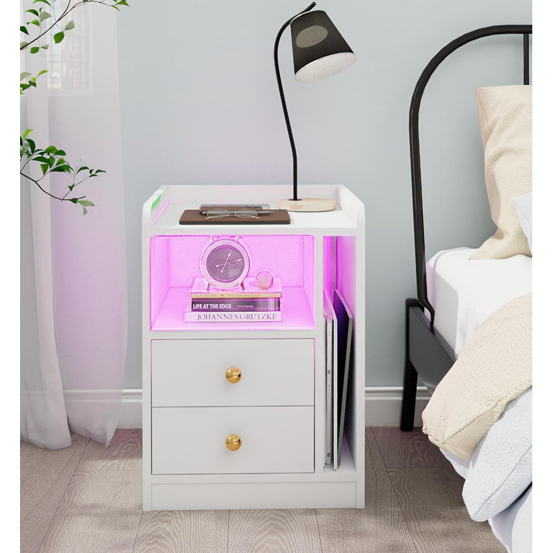 2 Drawers LED BedSide Table with Charging Station, White