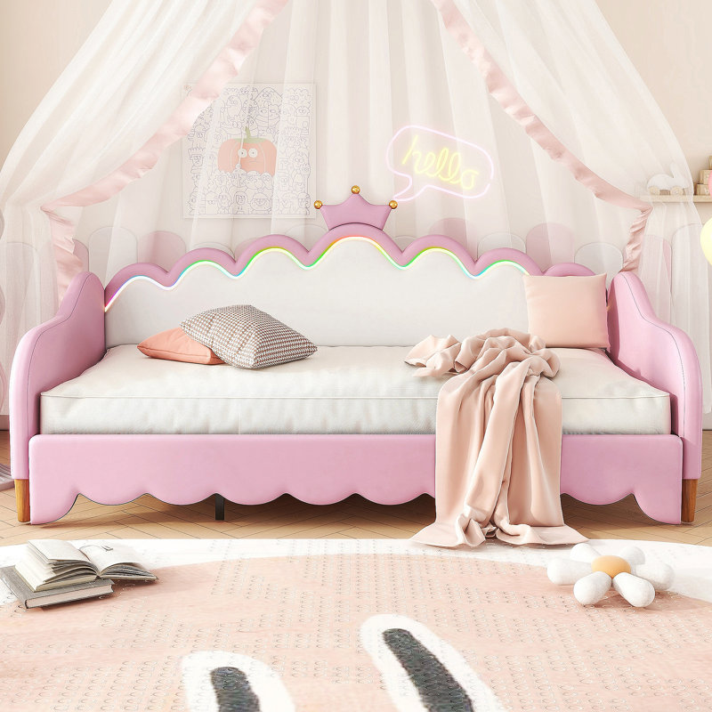 Twin Extending Daybed With LED Lights, Modern Upholstered Princess Daybed, Pink