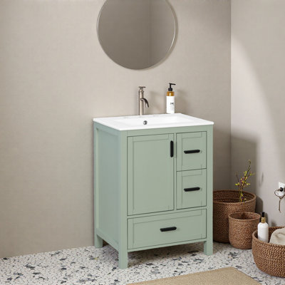 Meuble-lavabo moderne de 24 pouces avec lavabo en céramique, porte à fermeture douce, tablette de porte à double couche et 3 tiroirs