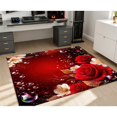 Tapis à motif floral de roses rouges, design à bulles réaliste, lavable en machine et antidérapant, décoration intérieure artistique pour salon, chambre, entrée, cuisine, balcon, appartement
