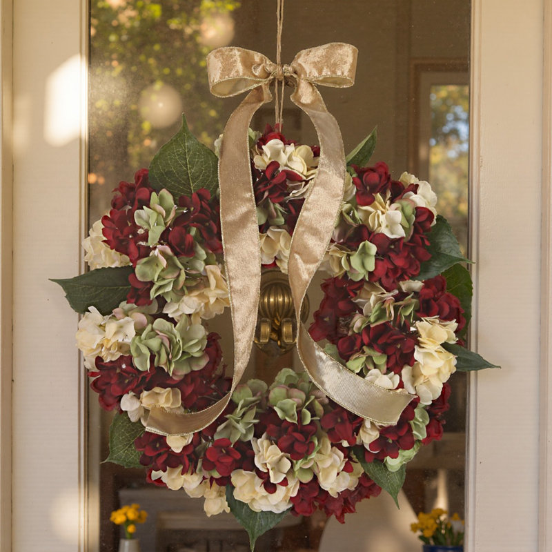 40cm Thanksgiving Wreath Fall Hydrangea Bowknot Decoration Flower Garland Wreath Thanksgiving Front Door Home Decor, Red