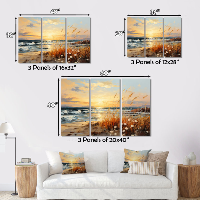 «Beach Breeze Pointillism II» sur toile, reproduction de 3 pièces, H 32 po x l 48 po x P 1 po