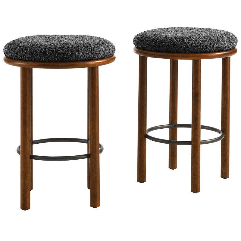 Walnut Charcoal Backless Wood and Metal Counter Stools, Set of 2