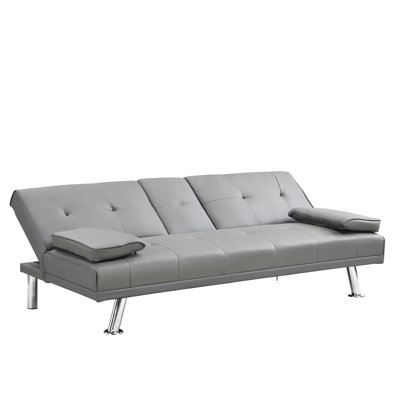 Multifunctional Grey Armrest Bed, Space Saving Solution Leather Stainless Leg, 28.48 In. Tall