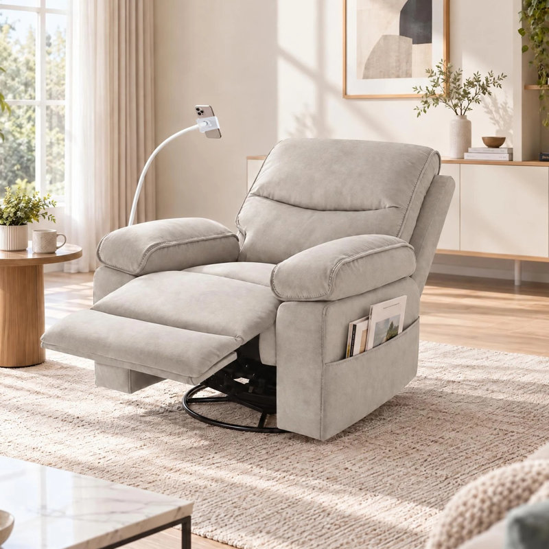 Fauteuil inclinable pivotant surdimensionné avec support pour téléphone et rangement, fauteuil inclinable manuel, fauteuil inclinable robuste pouvant supporter jusqu'à 180 kg (400 lb) pour salon, chambre à coucher, chambre d'enfant