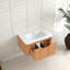 Meuble-lavabo suspendu de 76 cm (30 po) avec lavabo en céramique blanche, noyer naturel, bords arrondis, préassemblé, fermeture amortie, tiroir de rangement spacieux, style américain