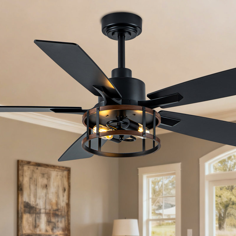 52" 5- Blade Rustic Large Ceiling Fan with Light Kit and Remote Black Farmhouse 6-speed Reversible DC Motor Fandelier