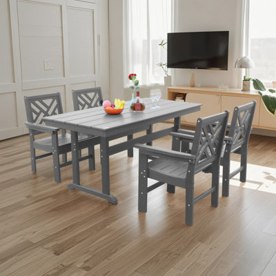 Ensemble de mobilier d'extérieur 5 pièces en PEHD pour 4 personnes, table et chaises de salle à manger, table d'extérieur avec trou pour parasol, ensemble de salle à manger d'extérieur pour le jardin, la cour, la pelouse et la piscine (gris)