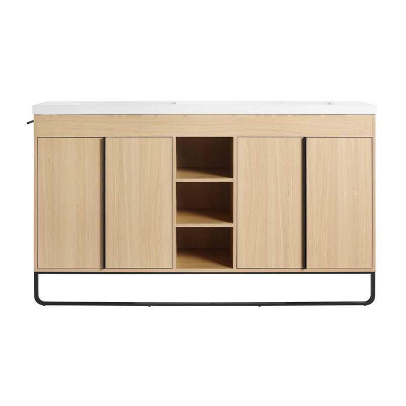 Meuble-lavabo autoportant de 60 po avec double lavabo en résine, porte à fermeture douce 4 et support de rangement à 3 ouvertures, emballage KD