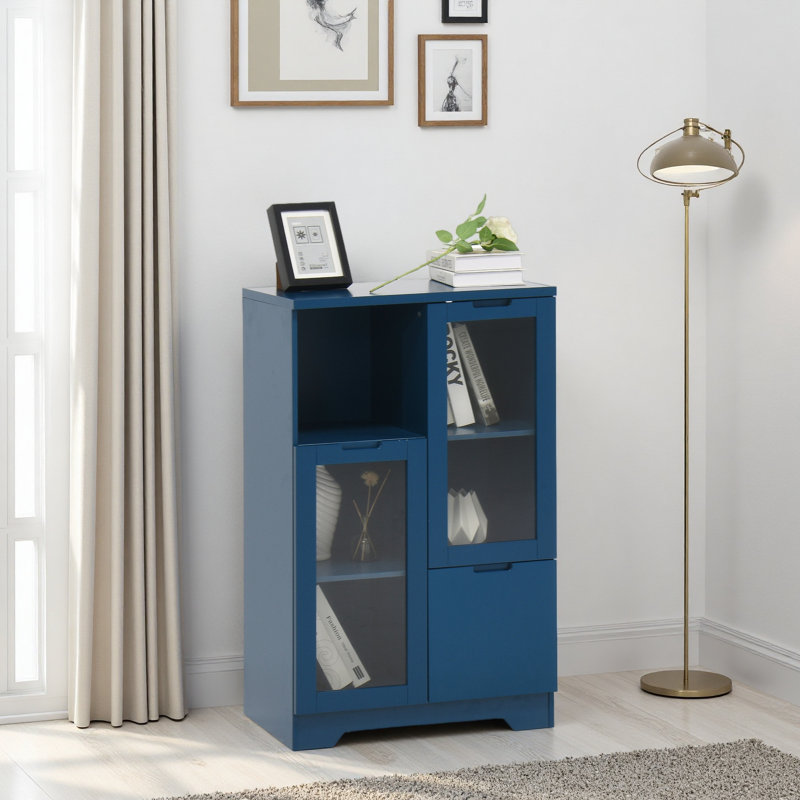 MDF Painted Cabinet With Glass Doors And Drawer, Open Storage Space, Blue
