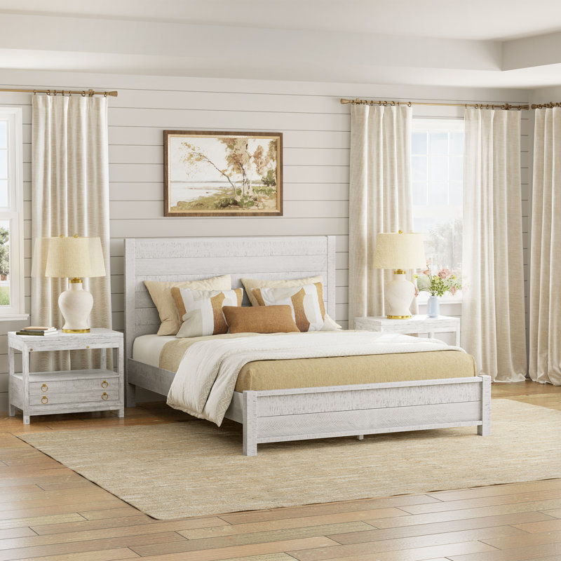 Echo Farmhouse Solid Wood Platform Bed, Distressed Panel Bed Frame, Rustic Country Cottage Style, Rustic White, Queen