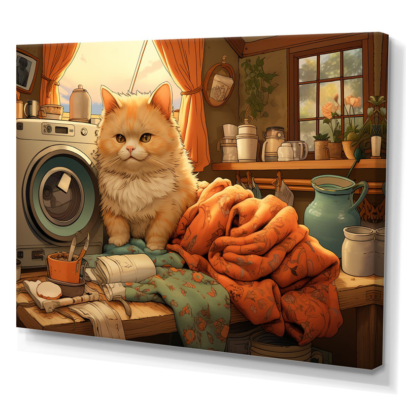 «Cat Fluff Fold Laundry 2» - Art mural, H 32 po x l 24 po x P 1 po, Toile tendue