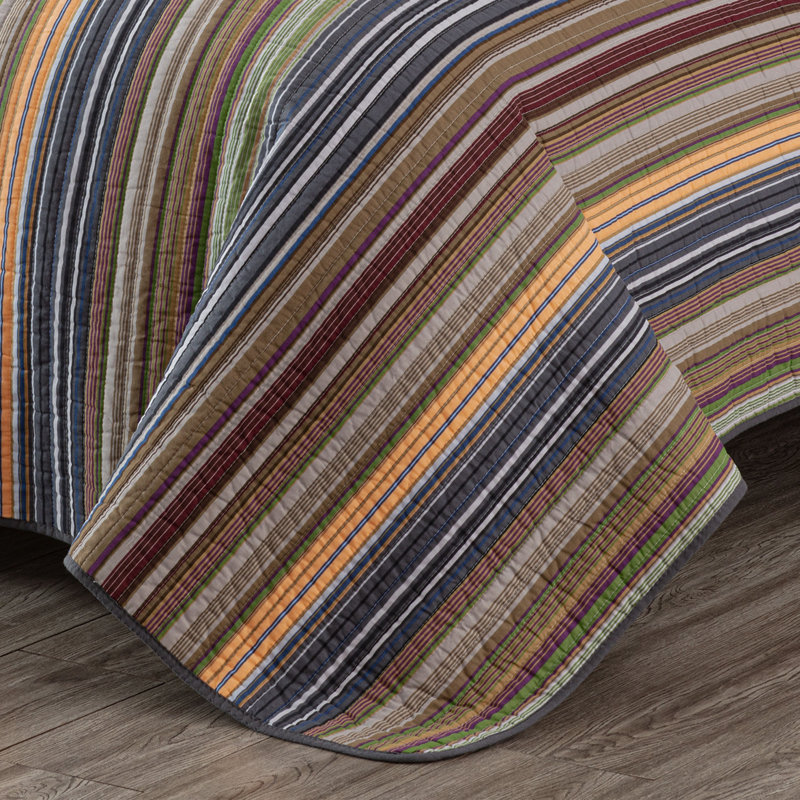 Avery Multi-Color Green Striped Cotton Twin Quilt Set