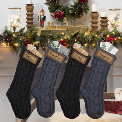 4 Pack Personalized Christmas Stocking With Leather Patches Custom Name Family Christmas Stockings, 18.5” Large Knitted Xmas Stockings For Kids, Holiday And Fireplace Party Decoration