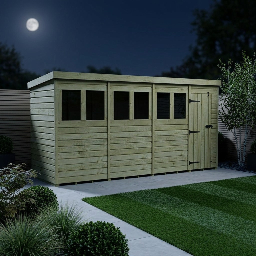 Total Sheds 16ft x 4ft Pent Garden Shed - Single Door - With Windows - Pressure Treated Timber - UK Manufactured