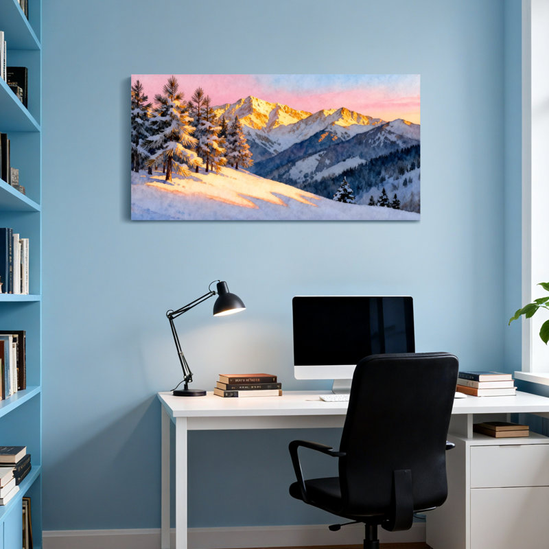 Paysage et nature, montagnes enneigées, coucher de soleil, pin, paysage, H 28 po x l 58 po