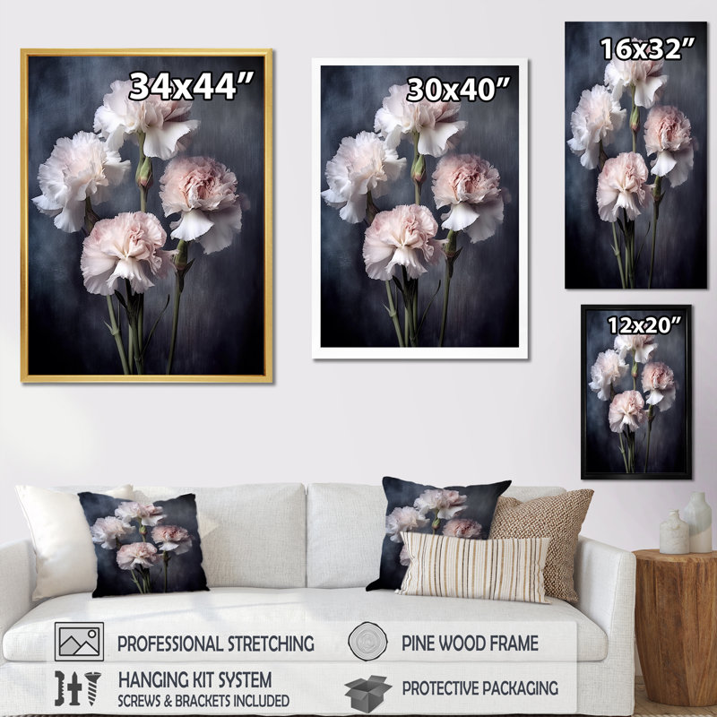 Œillets noirs et blancs avec impression sur toile, Cadre simple argenté, H 44 po x l 34 po x P 1,5 po