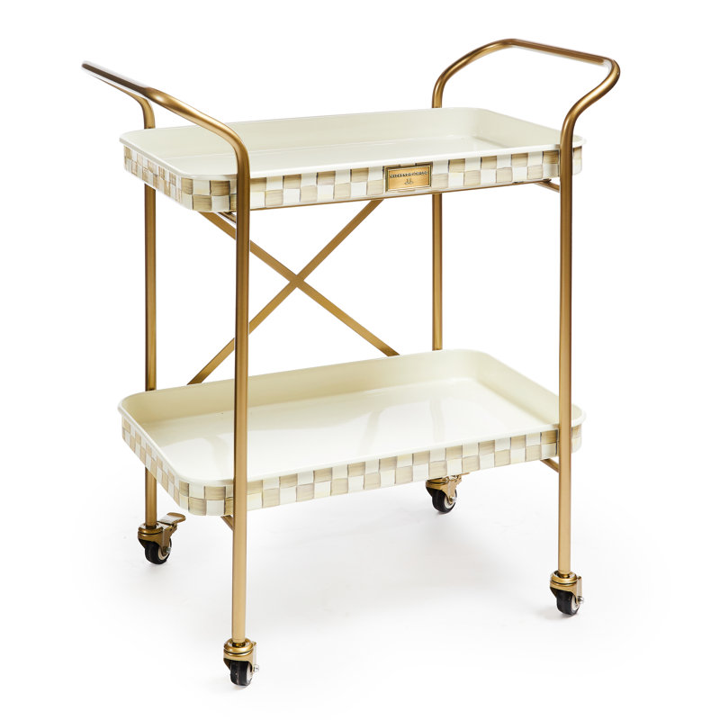 Mocha Check 2-Tier Kitchen Cart, Brass/Gold/White
