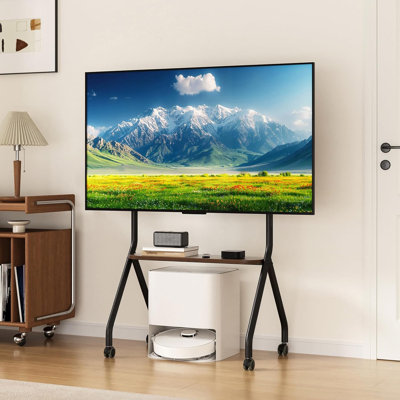 Meuble télé mobile avec roulettes pour écrans incurvés plats de 49 à 75 pouces, support de plancher réglable en hauteur avec VESA universel 600 x 600 mm, roulettes silencieuses et tablette inférieure, peut supporter 110 lb