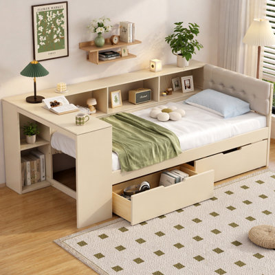 Lit plateforme en bois avec tablettes de rangement, tiroirs, station de charge et tête de lit tapissier