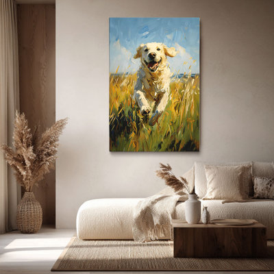 Impressionniste «Retriever doré ludique qui court dans un champ gris (ton de pinceau)», toile tendue Golden Retriever, cadre tendu pour studio confortable