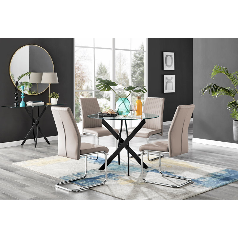 Tierra Modern Chrome Metal & Glass Round Dining Table Set with 4 Upholstered Faux Leather Chairs, Cappuccino