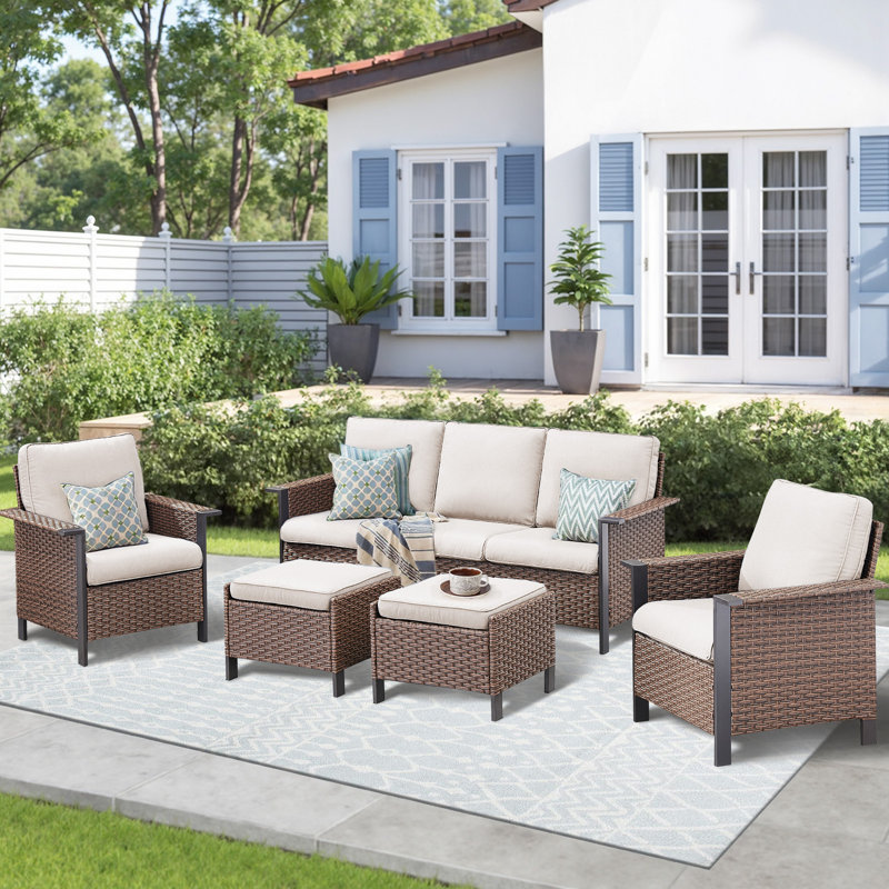 5 Piece Outdoor Patio Wicker Furniture Sets With Rattan Chairs, High Back Outdoor Conversation Set, Beige