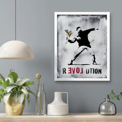 " The Revolution Man In Black Throwing Flowers Creative Banksy Graffiti Cement Gray "