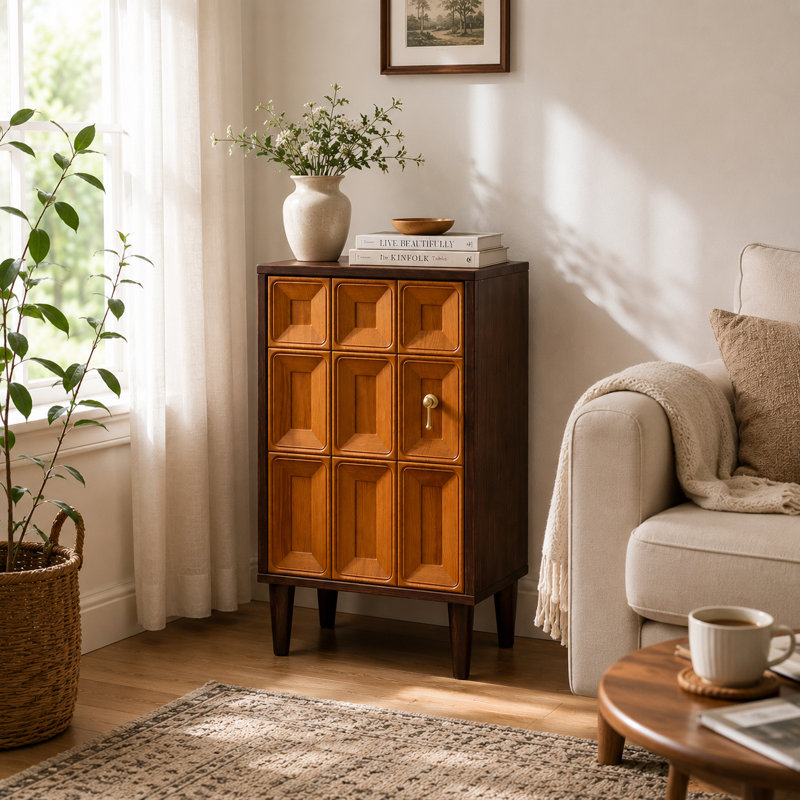 Table d'appoint géométrique à porte sculptée avec rangement