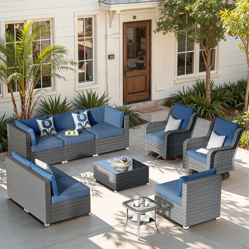 8 - Person Patio Conversation Set with Cushions, Blue, No