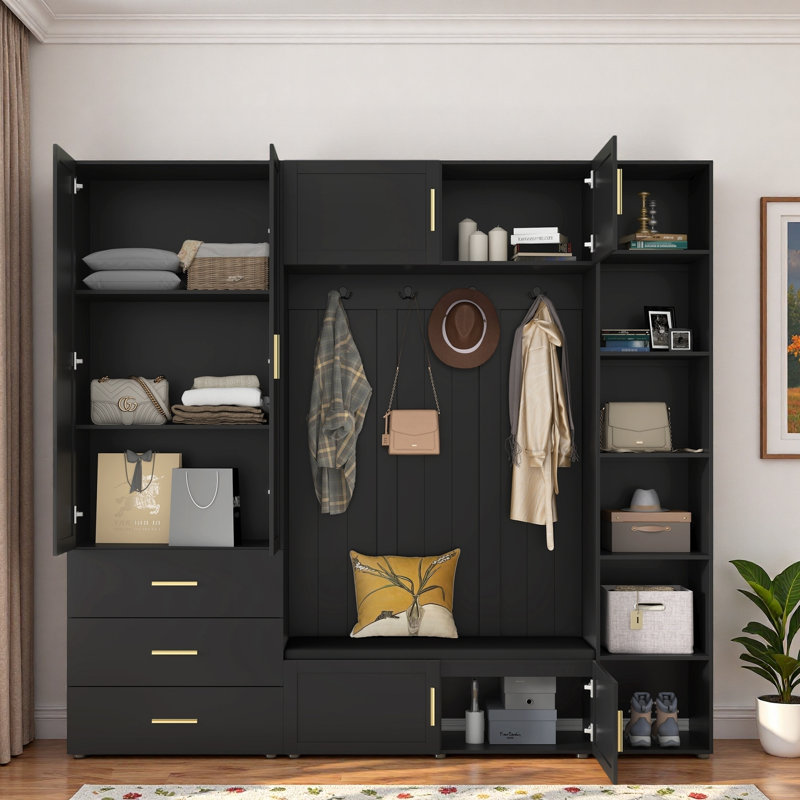 4-in-1 Hall Tree With Padded Bench, 4 Hooks, 3 Drawers And Adjustable Storage Shelves, Antique Black