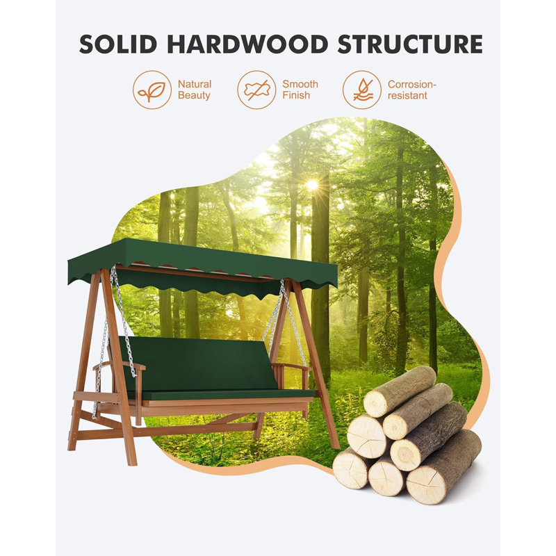 Green Wooden 3-Seater Patio Swing with Adjustable Canopy and Removable Cushion
